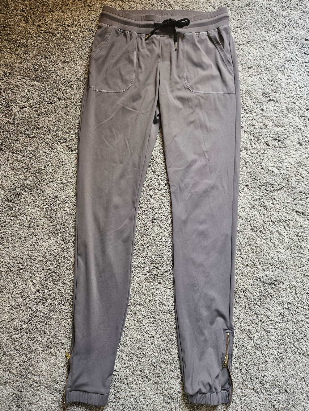 ZYIA Women's Slate Gray Jogger Pants with Black Drawstring Gold Zipper Ankles